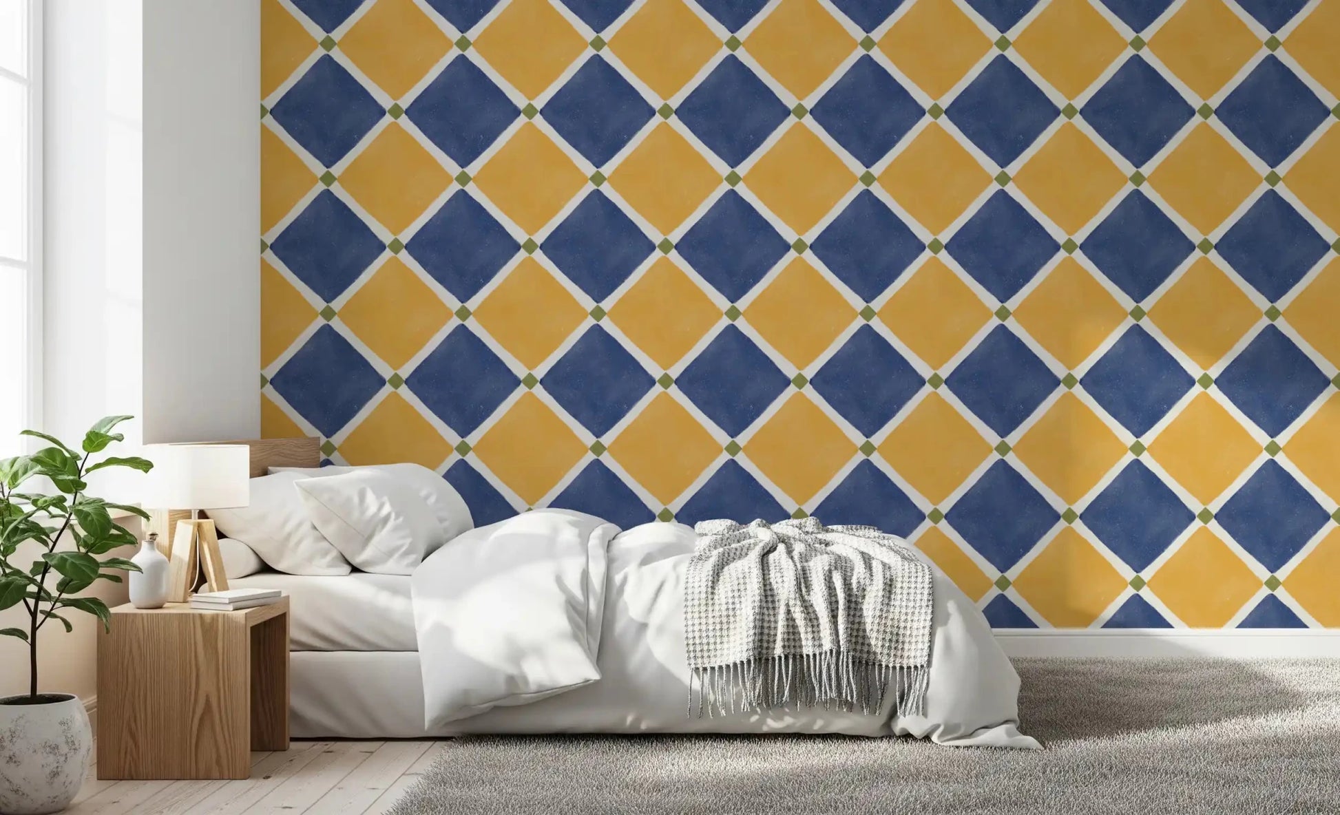 Mediterranean Rustic Checkerboard Aged Decoration - Yellow - Blue Wallpaper⁠GD9147