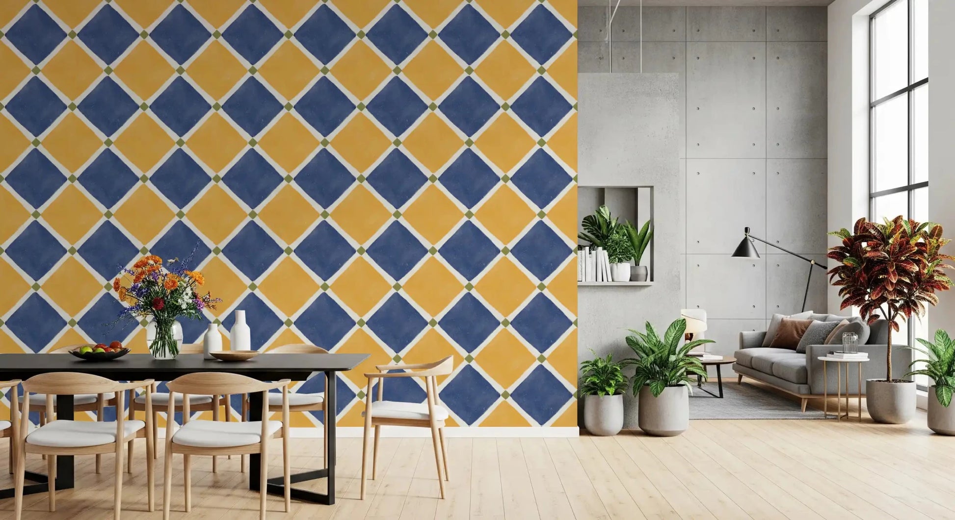 Mediterranean Rustic Checkerboard Aged Decoration - Yellow - Blue Wallpaper⁠GD9147
