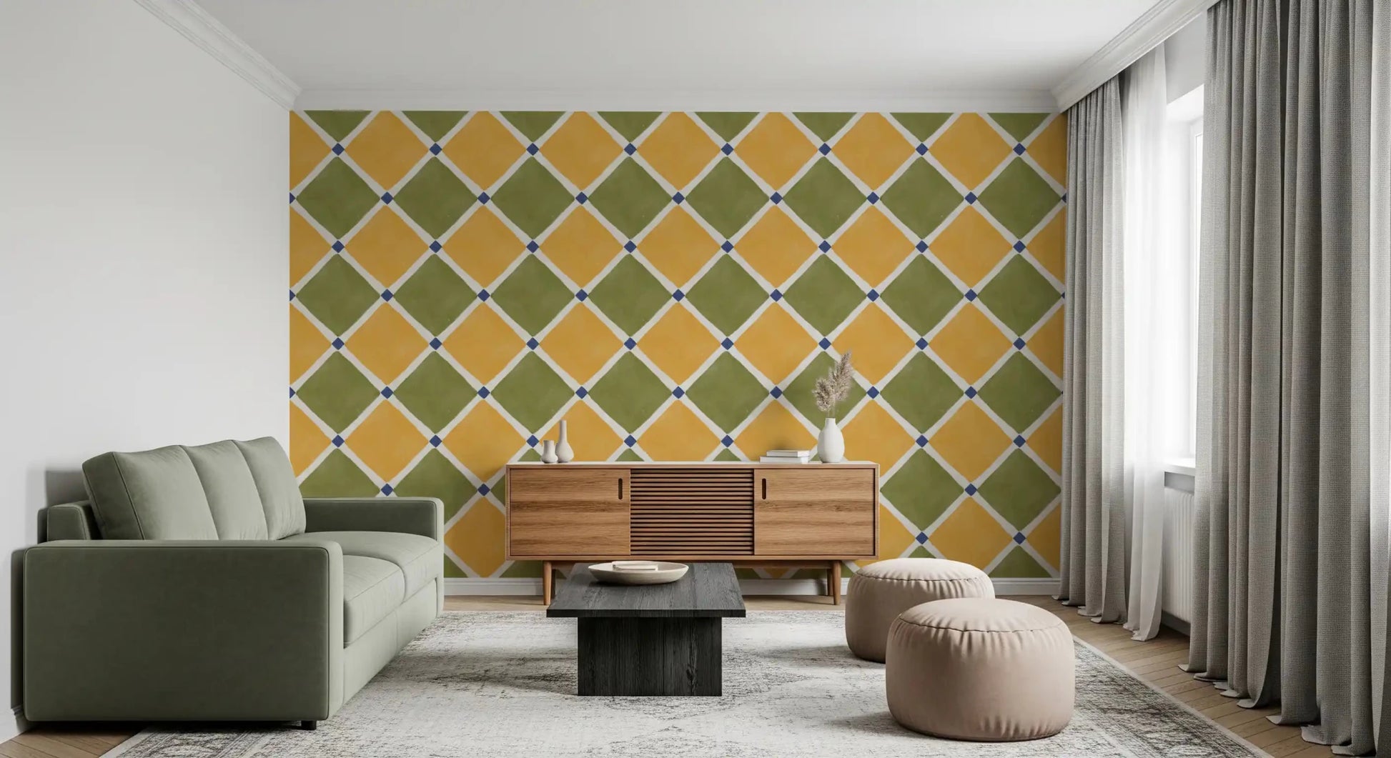 Mediterranean Rustic Checkerboard Aged Decoration - Yellow - Olive Wallpaper⁠GD9151