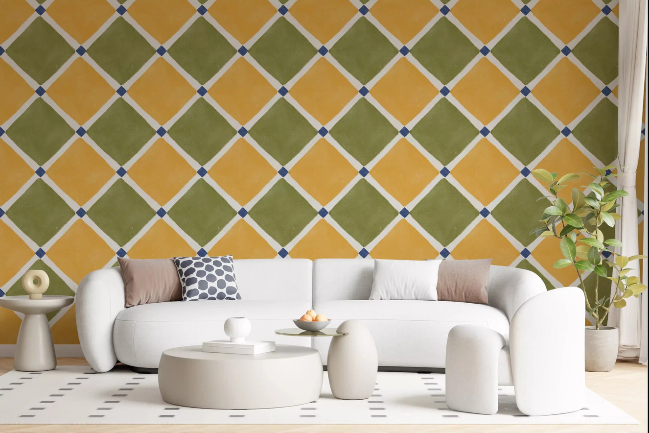 Mediterranean Rustic Checkerboard Aged Decoration - Yellow - Olive Wallpaper⁠GD9151