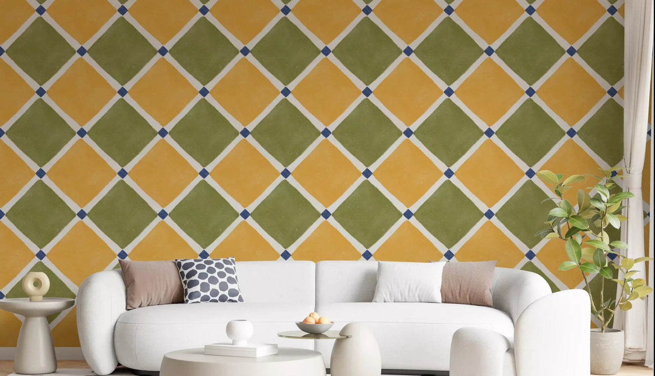 Living room with yellow olive checkerboard wallpaper in rustic tile styleGD9151