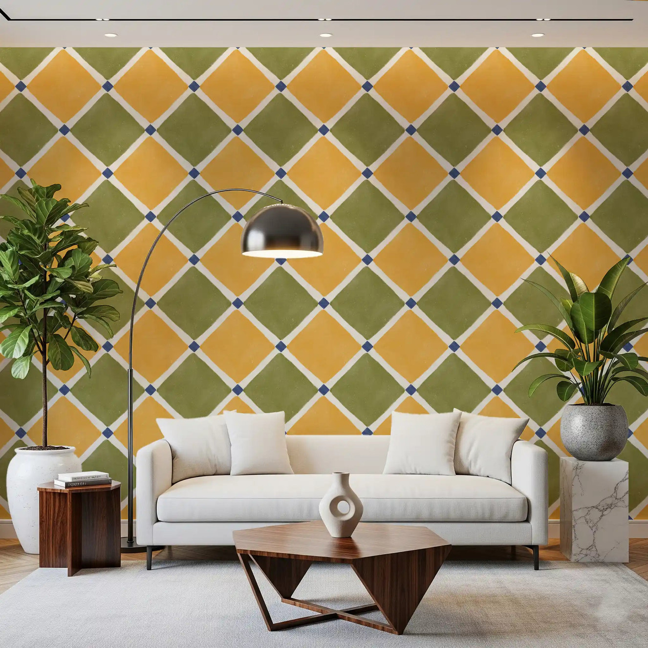 Mediterranean Rustic Checkerboard Aged Decoration - Yellow - Olive Wallpaper⁠GD9151
