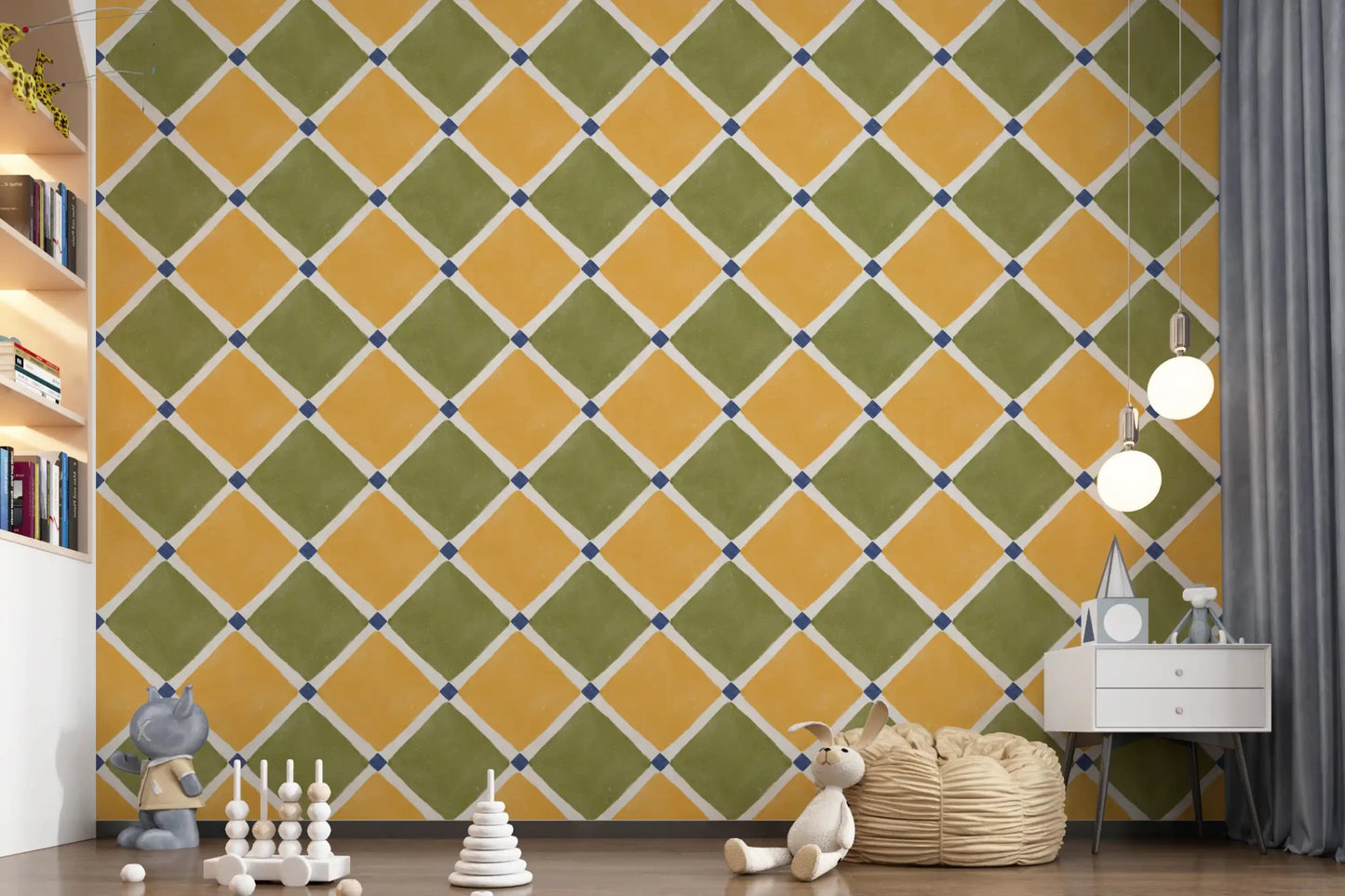 Mediterranean Rustic Checkerboard Aged Decoration - Yellow - Olive Wallpaper⁠GD9151