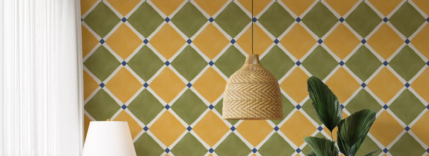 Mediterranean Rustic Checkerboard Aged Decoration - Yellow - Olive Wallpaper⁠GD9151