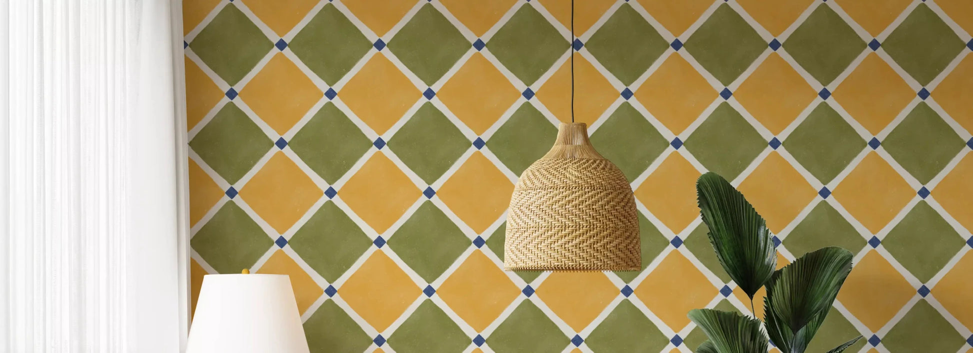 Mediterranean Rustic Checkerboard Aged Decoration - Yellow - Olive Wallpaper⁠GD9151
