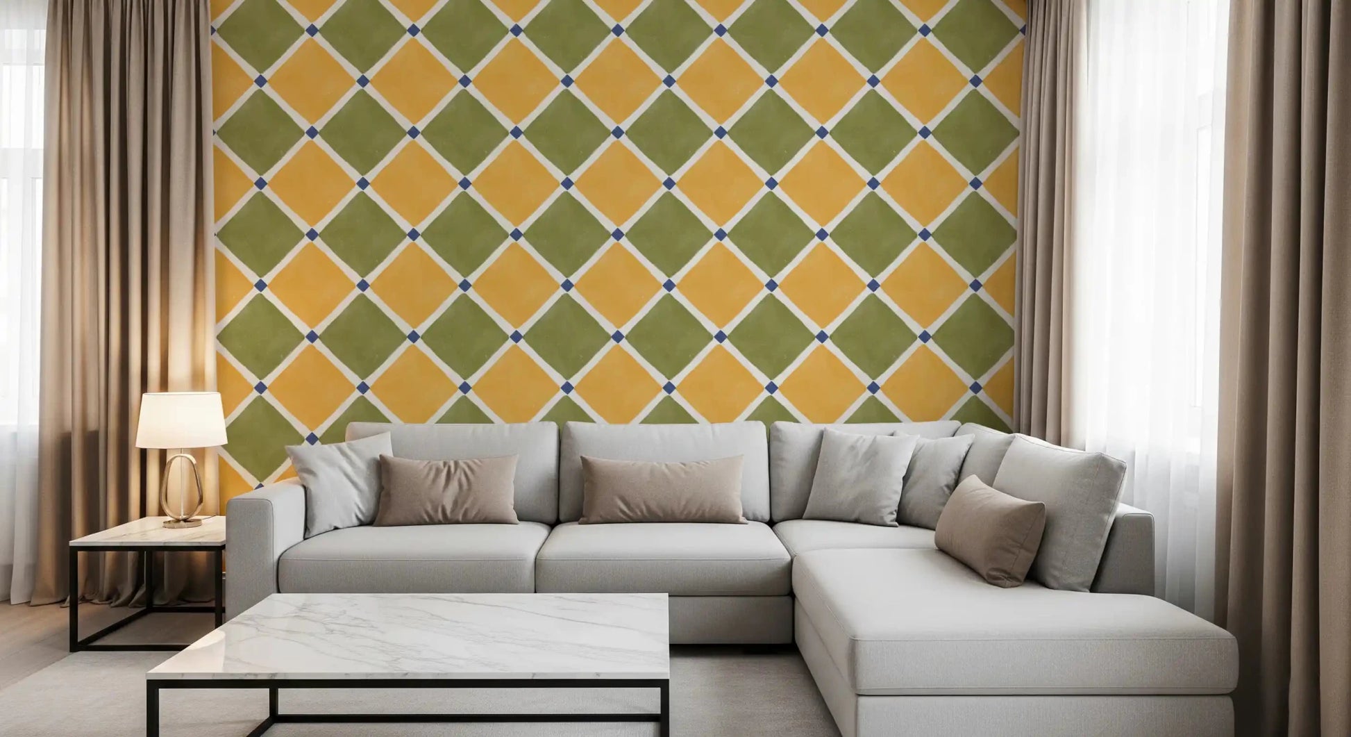 Mediterranean Rustic Checkerboard Aged Decoration - Yellow - Olive Wallpaper⁠GD9151