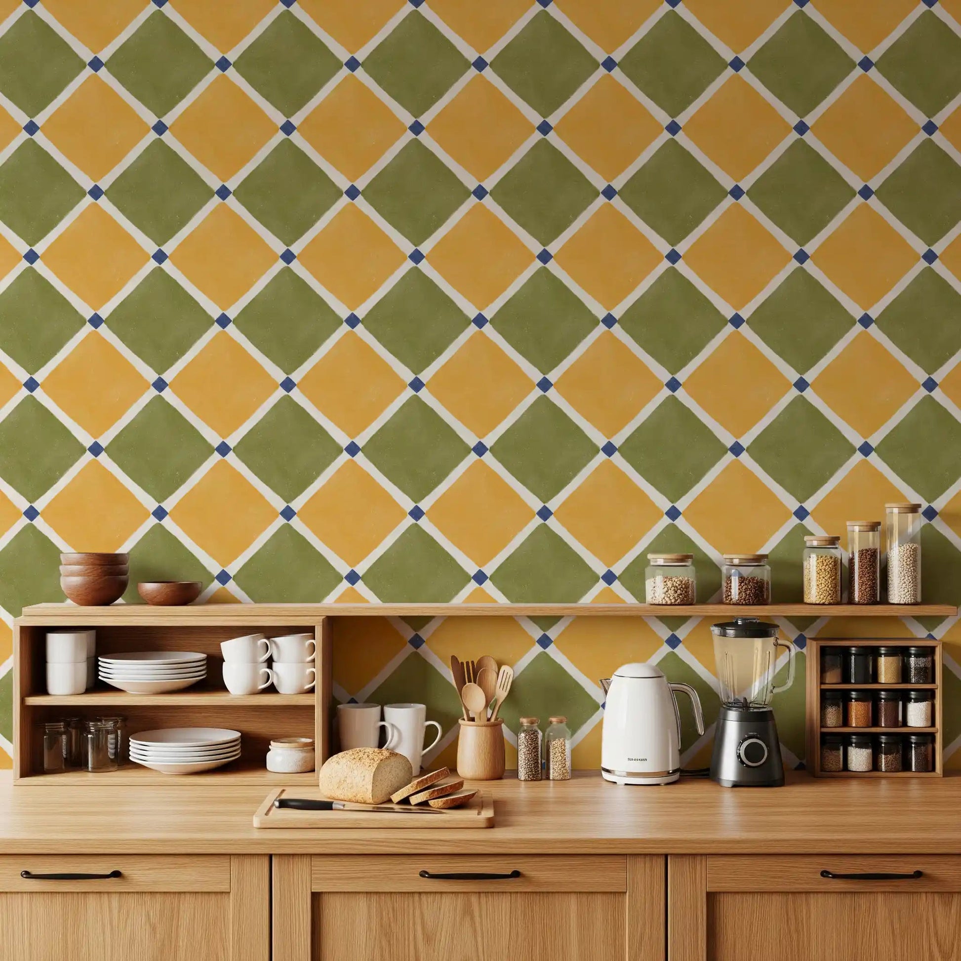 Mediterranean Rustic Checkerboard Aged Decoration - Yellow - Olive Wallpaper⁠GD9151