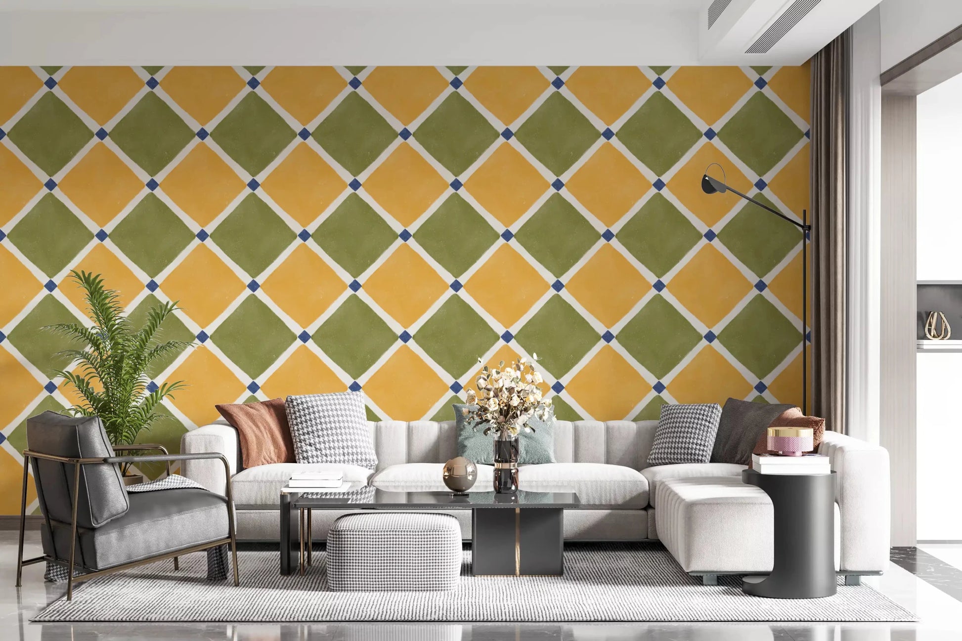 Mediterranean Rustic Checkerboard Aged Decoration - Yellow - Olive Wallpaper⁠GD9151