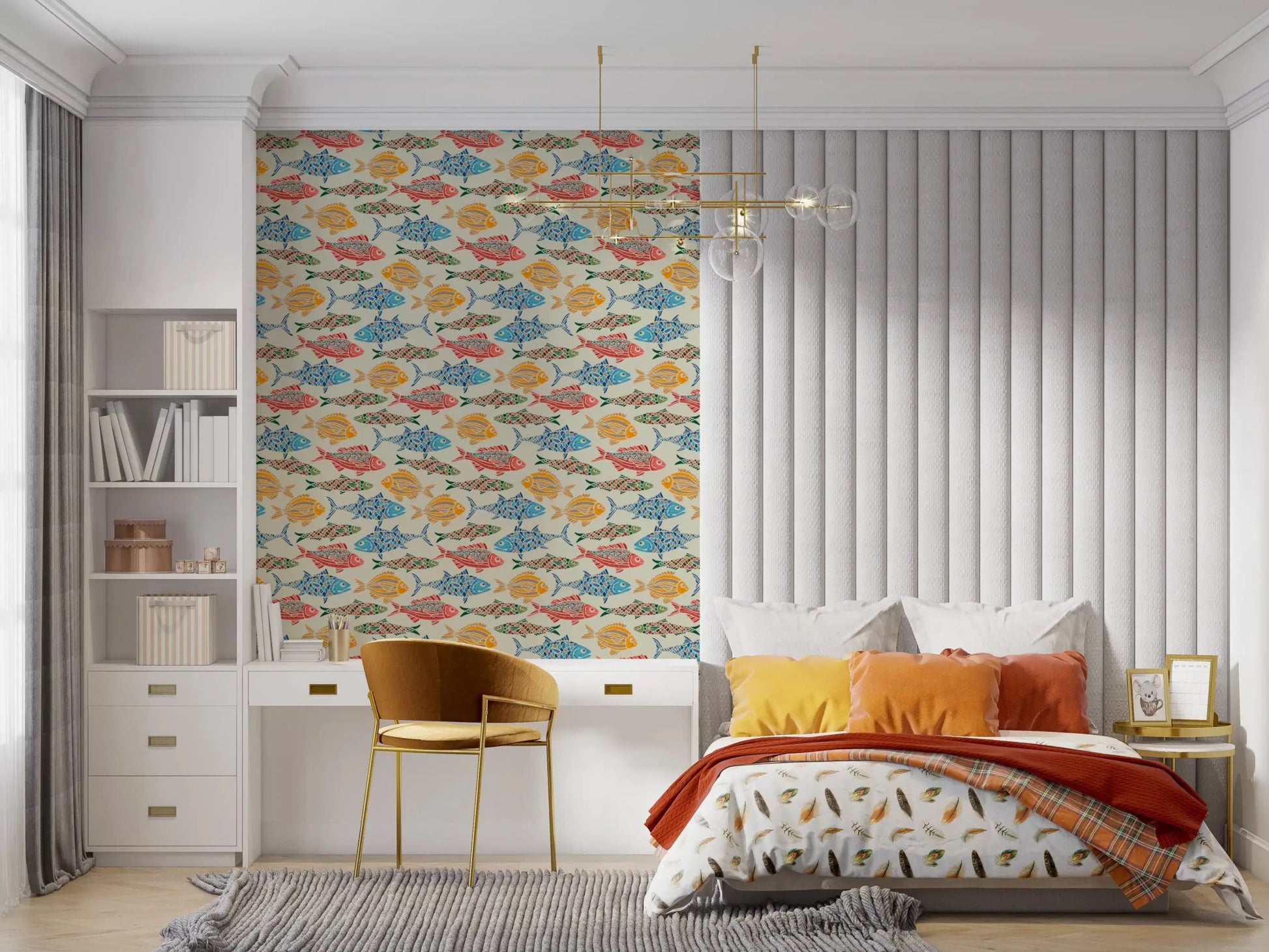 Room wall with Mediterranean Sea Fish wallpaper in bright colors