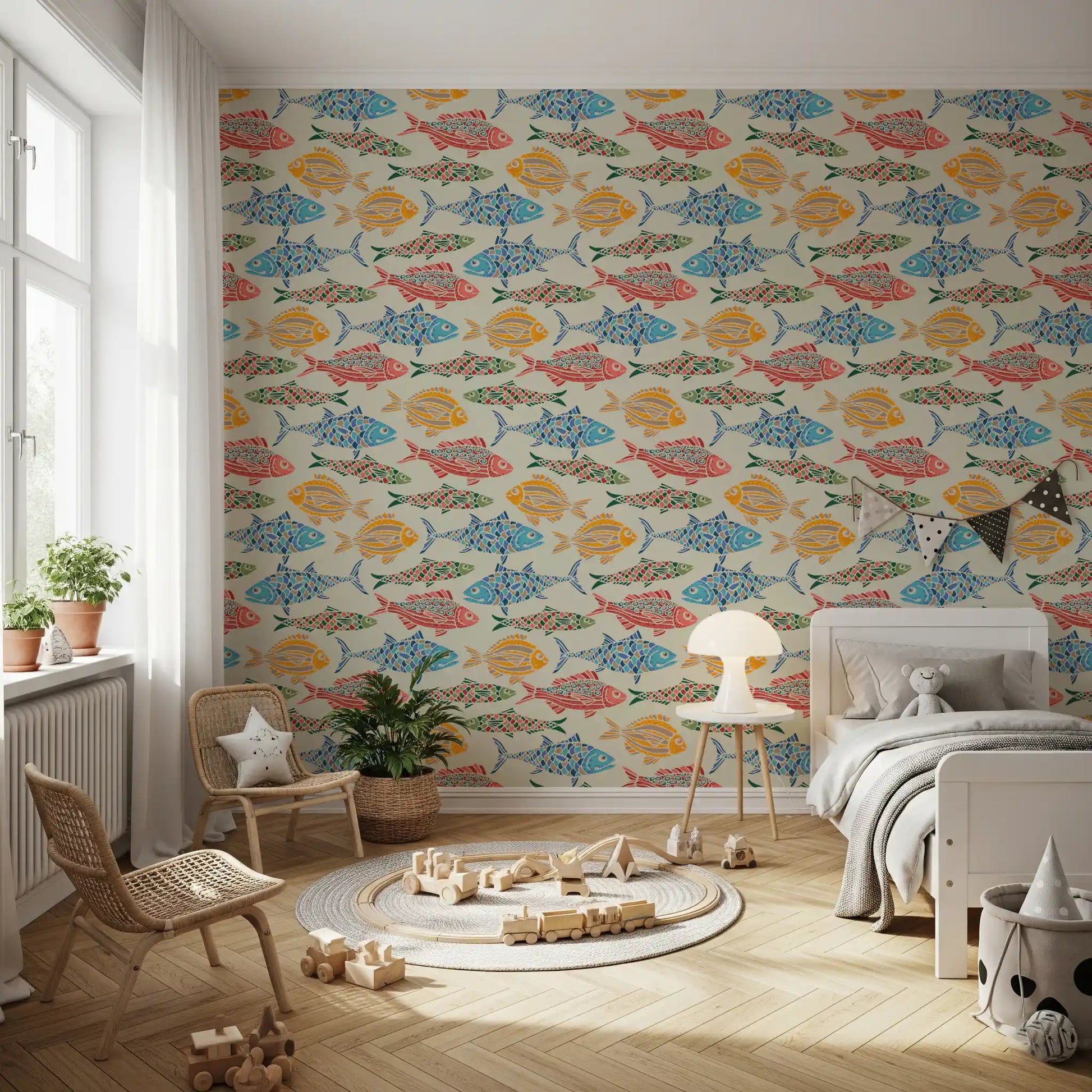 Kids room styled in Multicolored Red Blue Green Yellow wallpaper