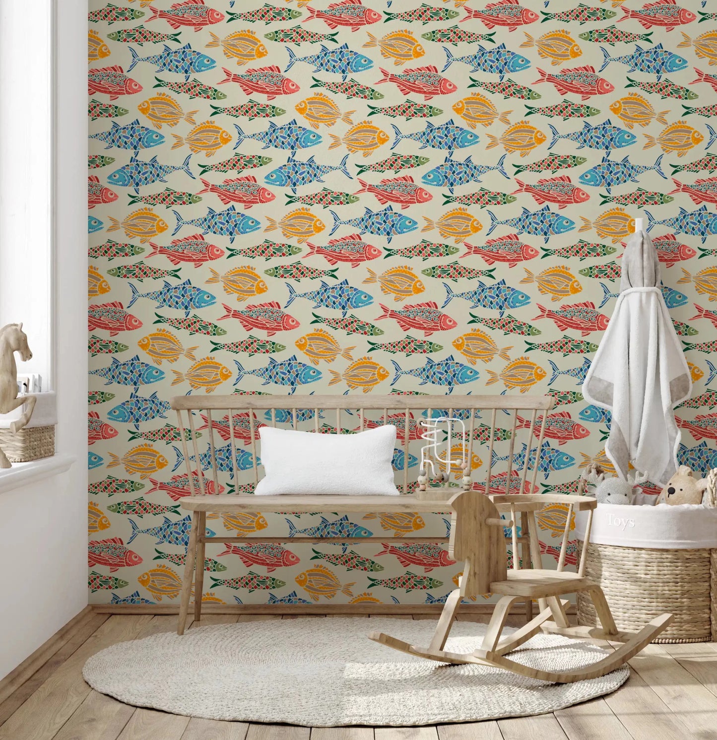 Repeating fish layout in Red Blue Green Yellow wallpaper style