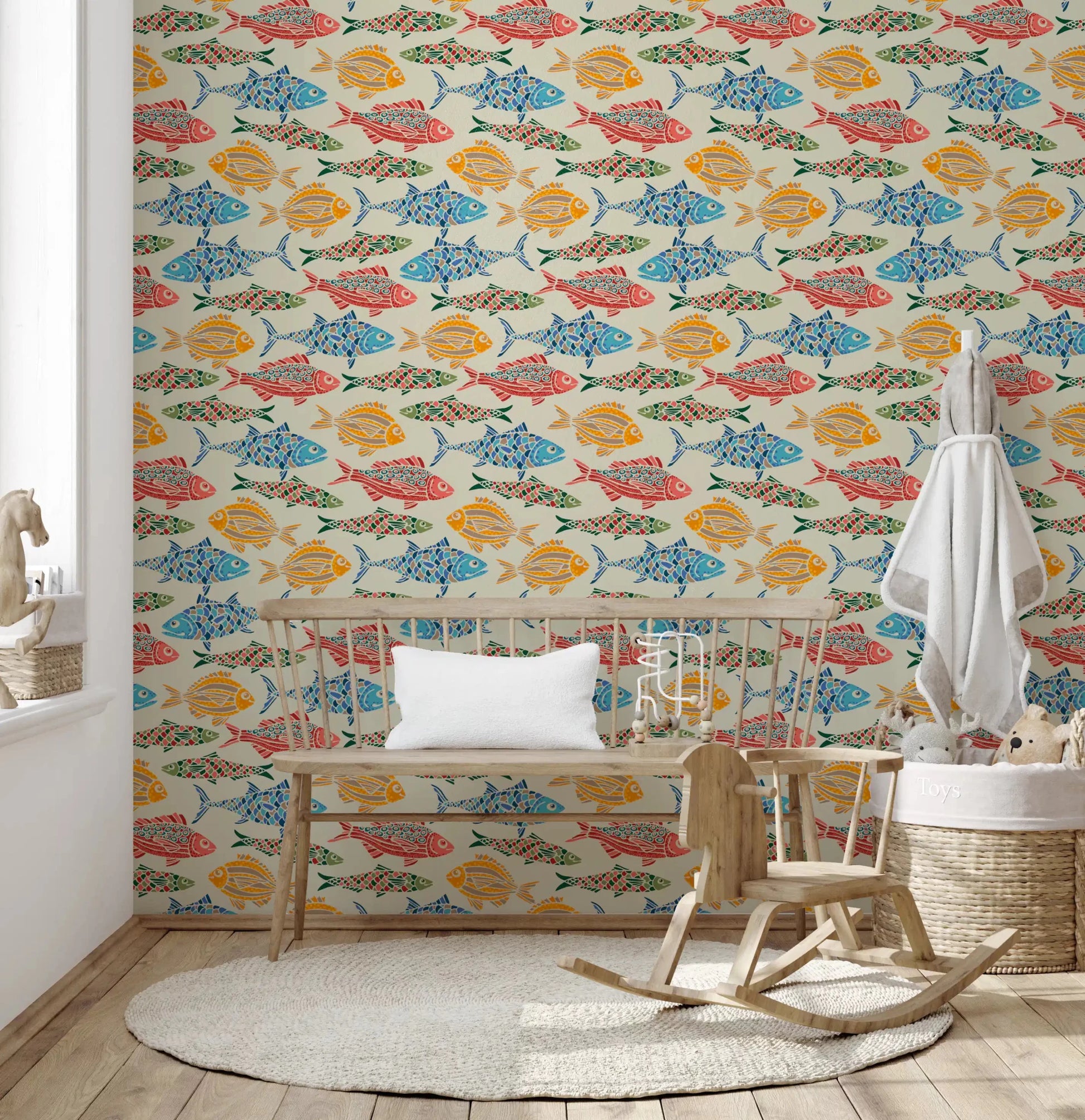 Repeating fish layout in Red Blue Green Yellow wallpaper style