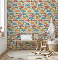 Repeating fish layout in Red Blue Green Yellow wallpaper style