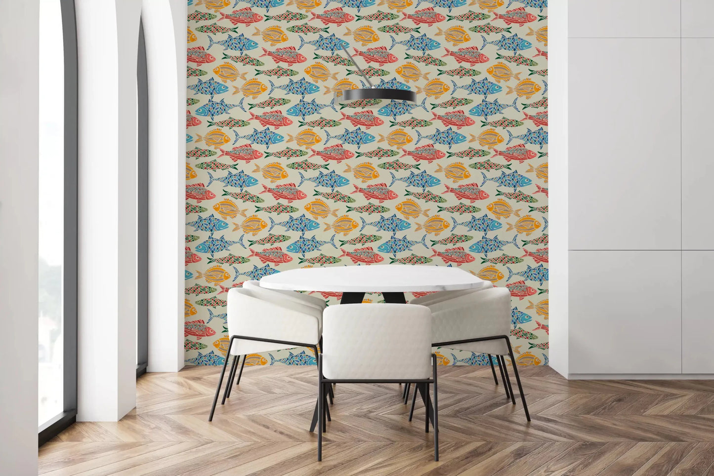 Lively marine surface in Mediterranean wallpaper with fish motifs