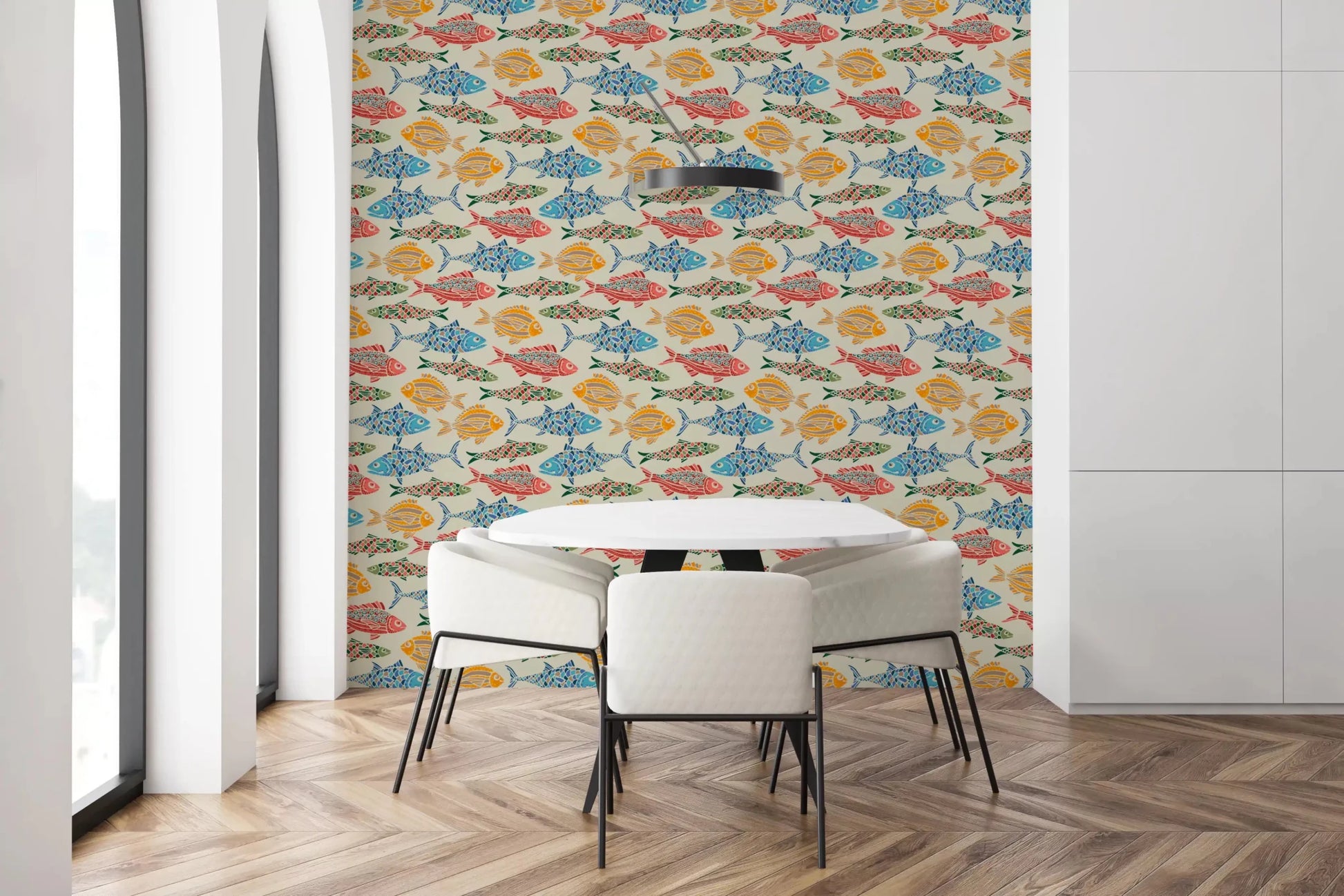 Lively marine surface in Mediterranean wallpaper with fish motifs