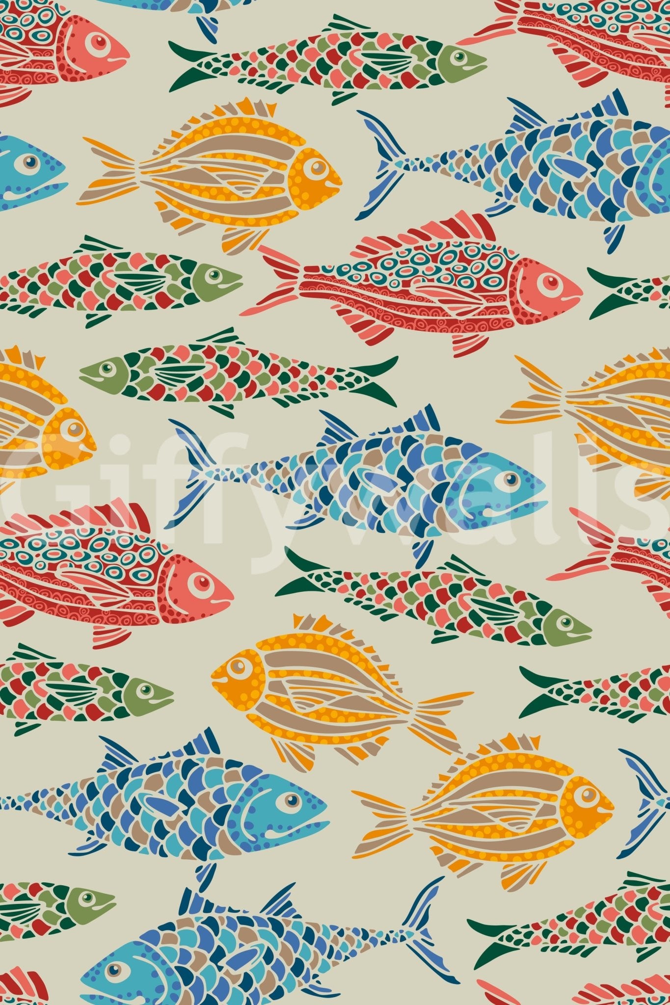 Soft neutral ground with Bright fish pattern in multicolor detail