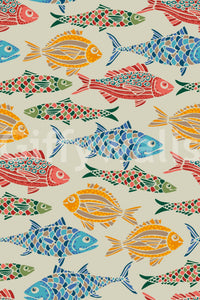 Soft neutral ground with Bright fish pattern in multicolor detail