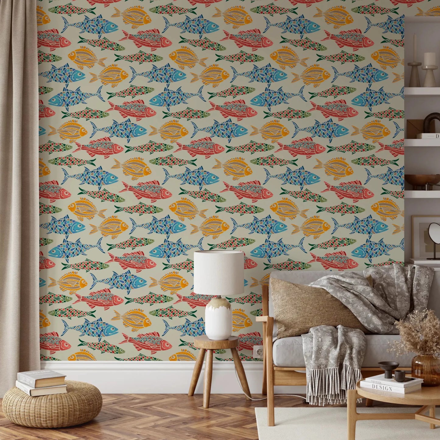Colorful fish repeat in Bright Multicolored wallpaper on a light base