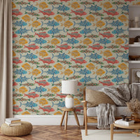Colorful fish repeat in Bright Multicolored wallpaper on a light base