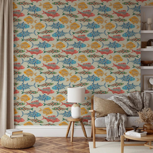 Colorful fish repeat in Bright Multicolored wallpaper on a light base