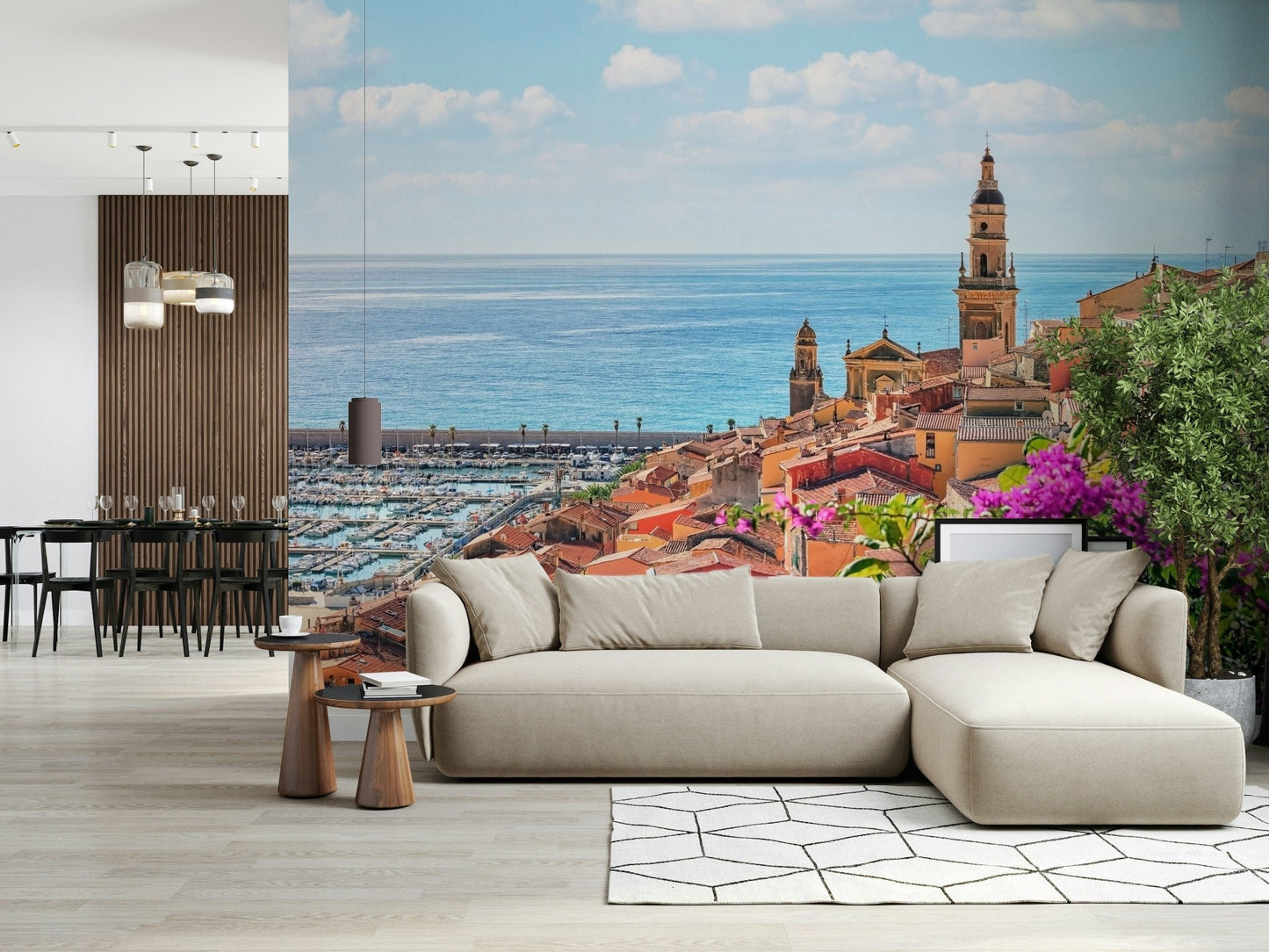 Mediterranean Village wallpaper mural featuring sunny coastal town view