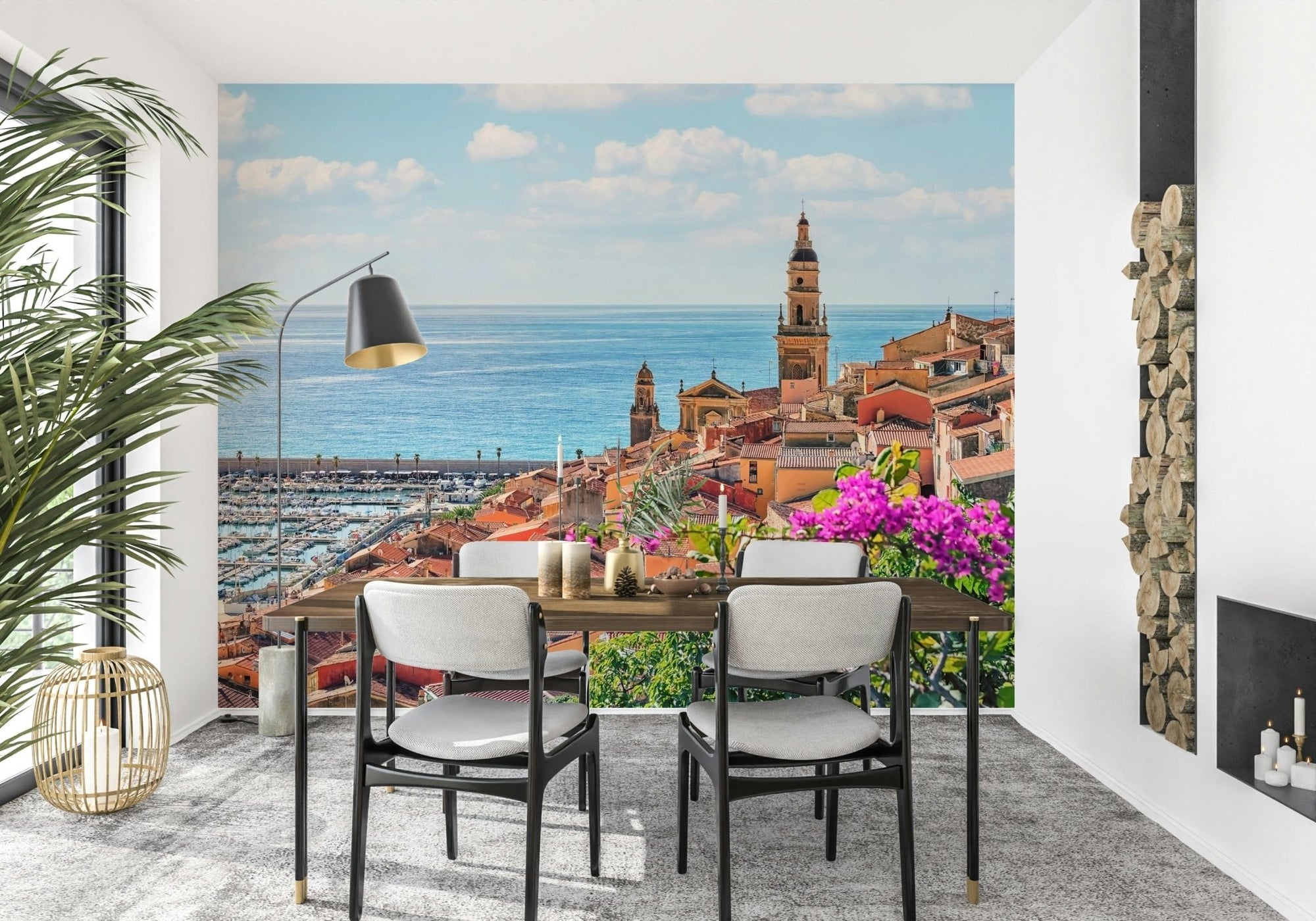 Historical bell tower overlooking a blue Mediterranean Village mural., GD7447