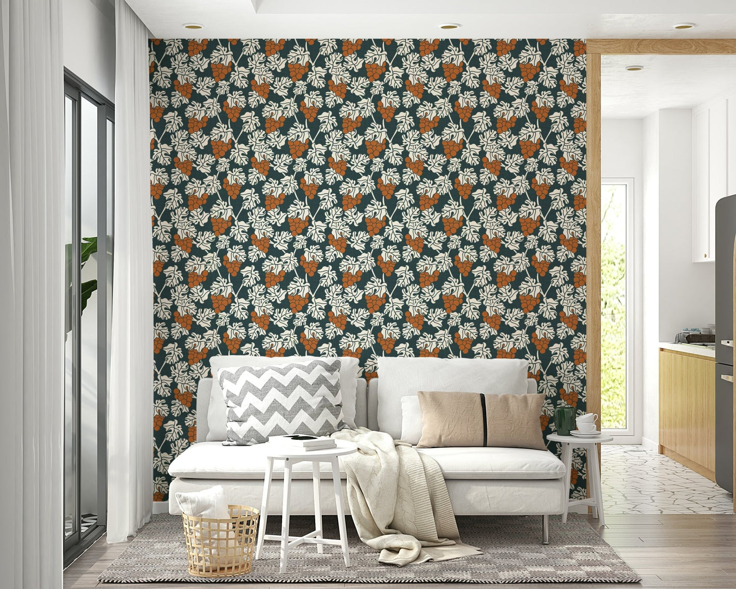 Vineyard-inspired blue wallpaper with Mediterranean charm

