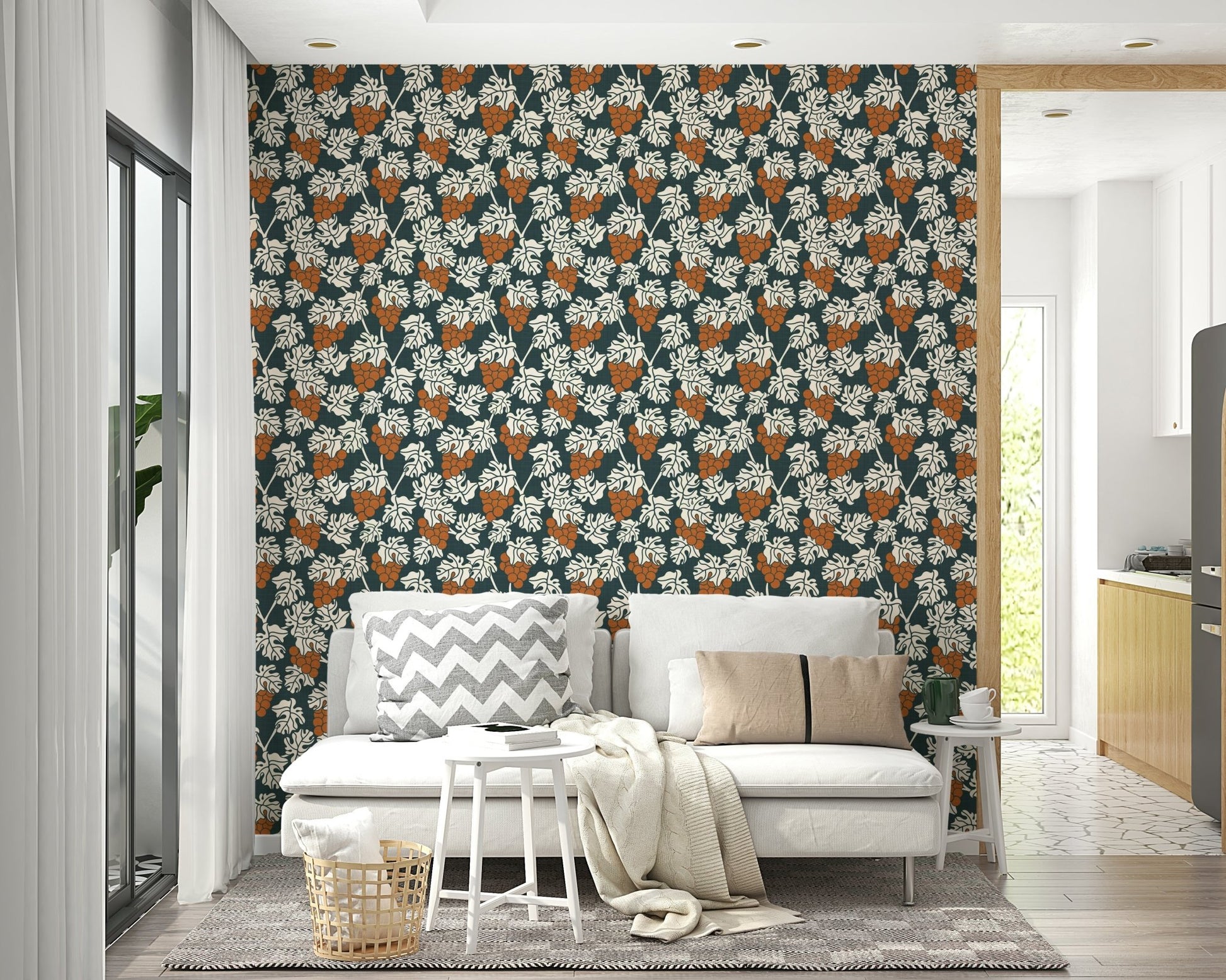 Vineyard-inspired blue wallpaper with Mediterranean charm

