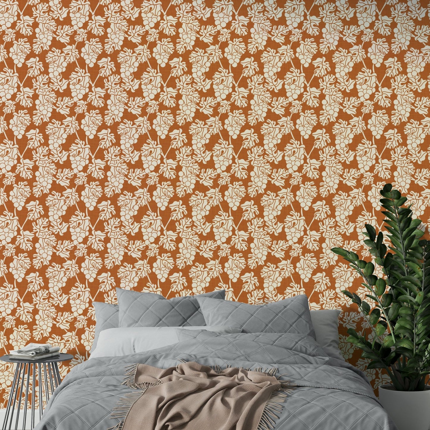 Terracotta-toned vineyard wallpaper for rustic rooms

