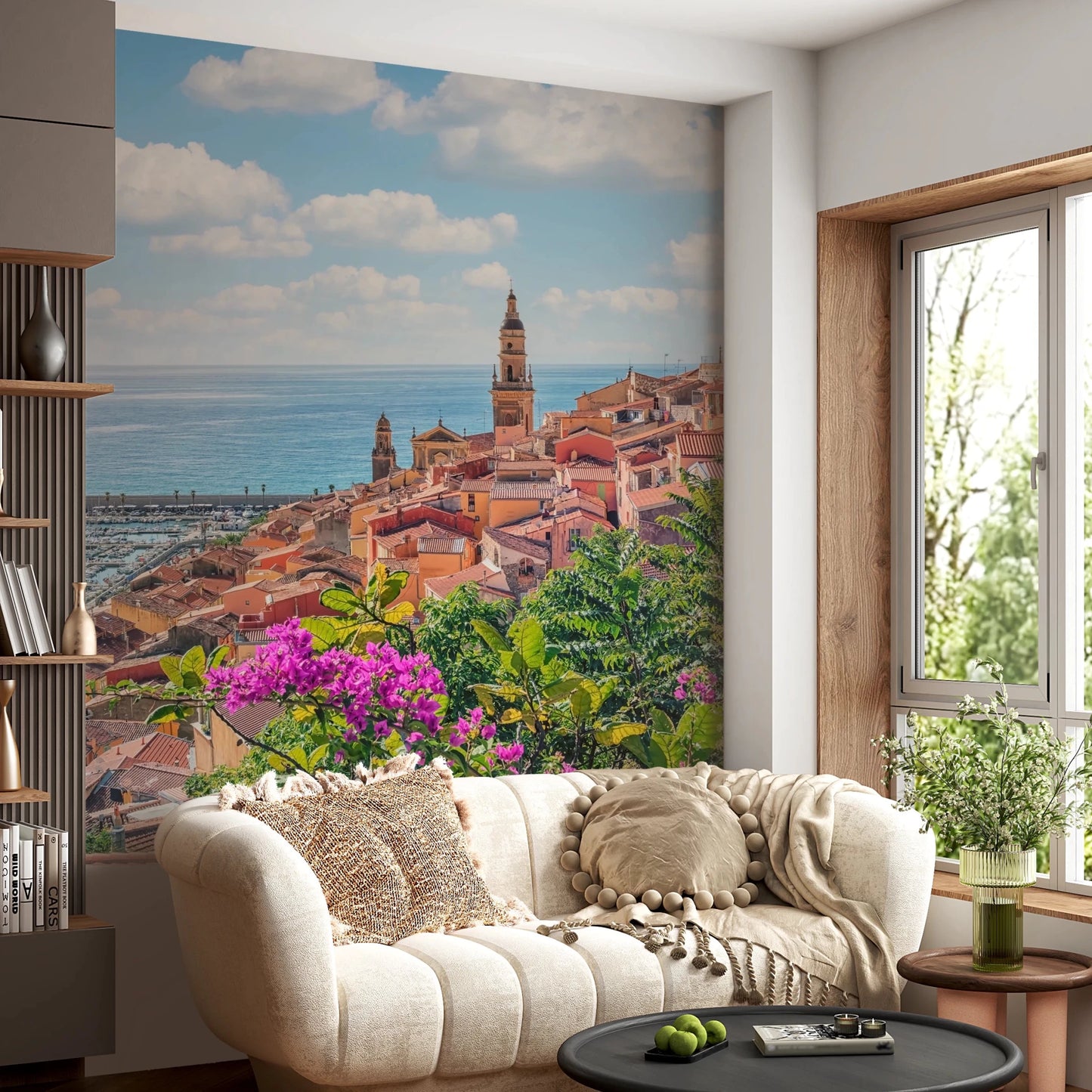 Coastal town wallpaper for walls with flowers.