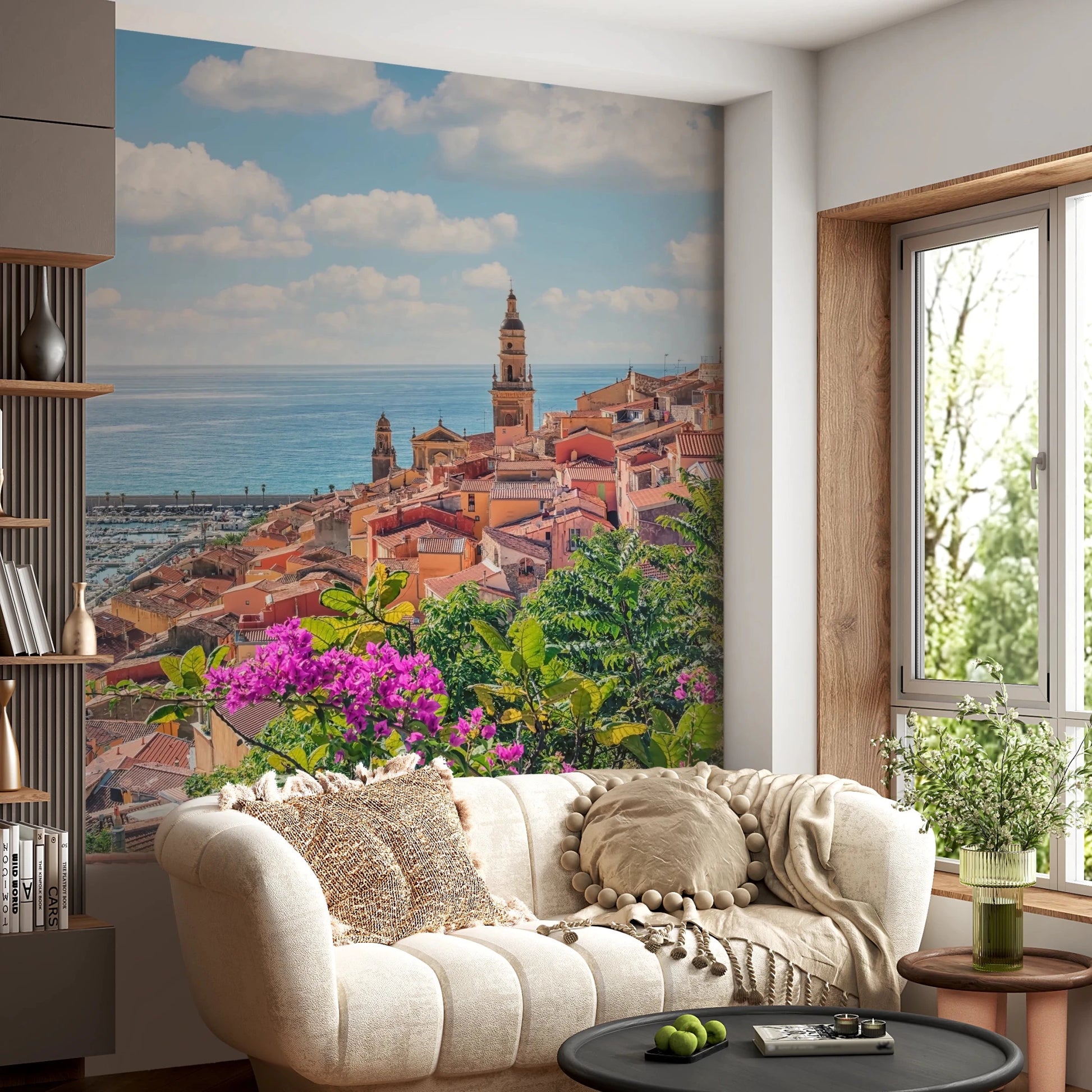 Coastal town wallpaper for walls with flowers.