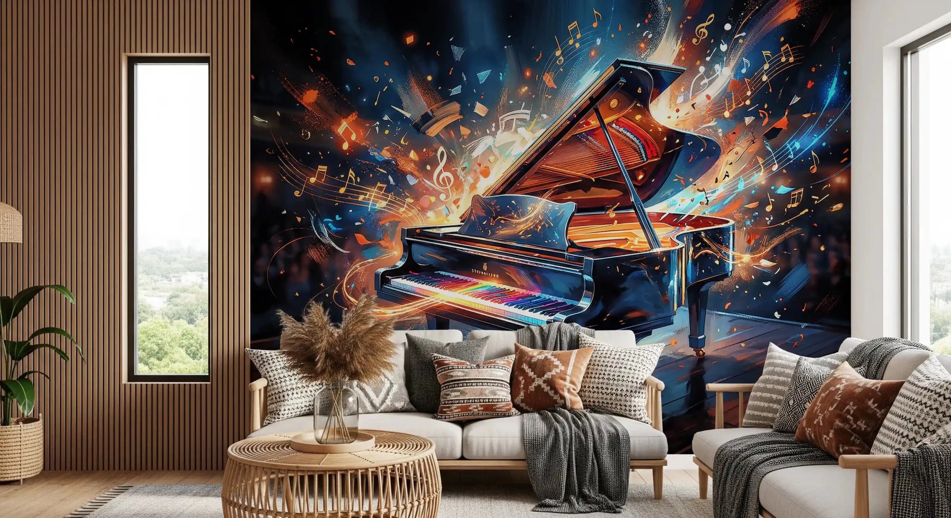 Living room wall with Melody Burst mural piano light effects, GD9421
