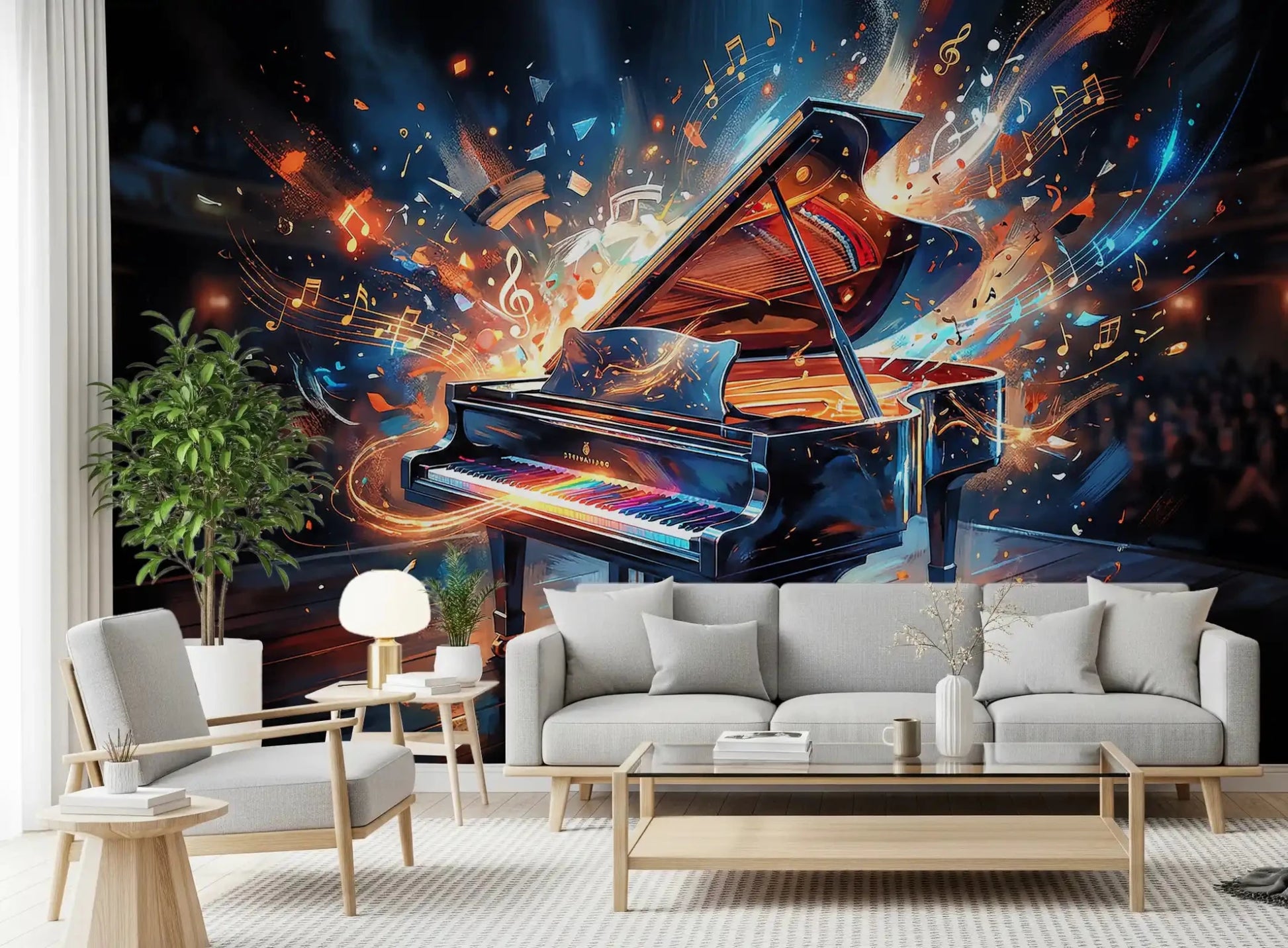 Melody Burst wall mural with grand piano and vibrant notes, GD9421