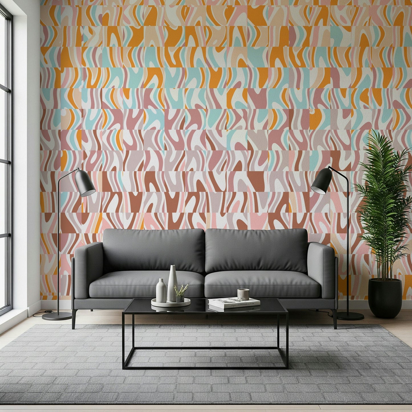 Art wallpaper mural called Melting Colors adds drama to a dining room.