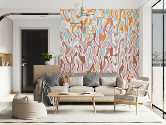 Full view of a modern living room featuring the vibrant Melting Colors wallpaper mural.