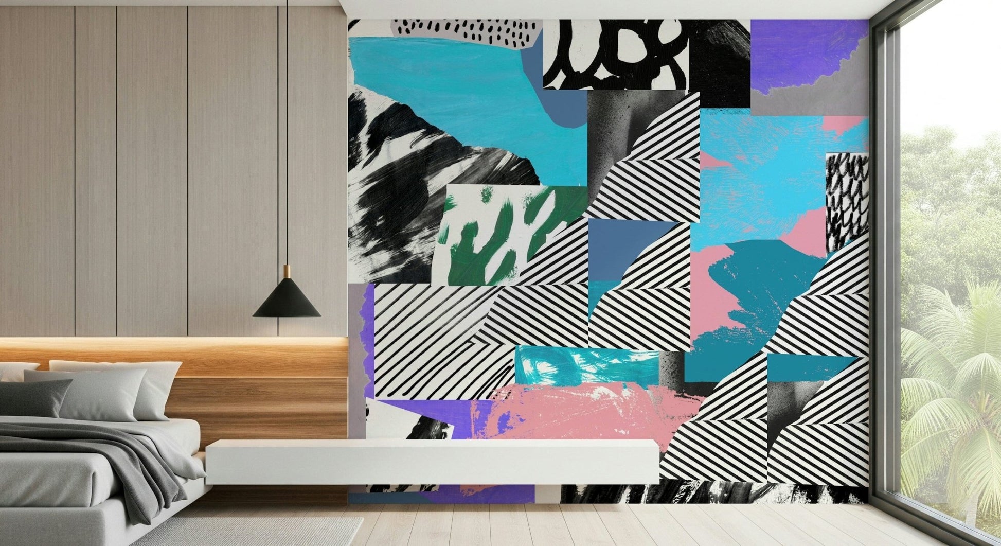 Surreal, collage Melting Strips art, a bizarre, chaotic wall mural.