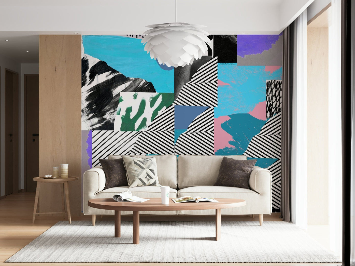 Rambunctious Melting Strips Wall Mural pattern, striking black and white.