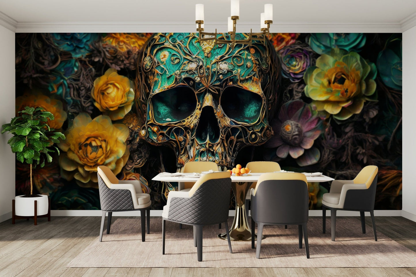 Memento Mori Blooms and Bone Wall Mural featuring bones and flowers

