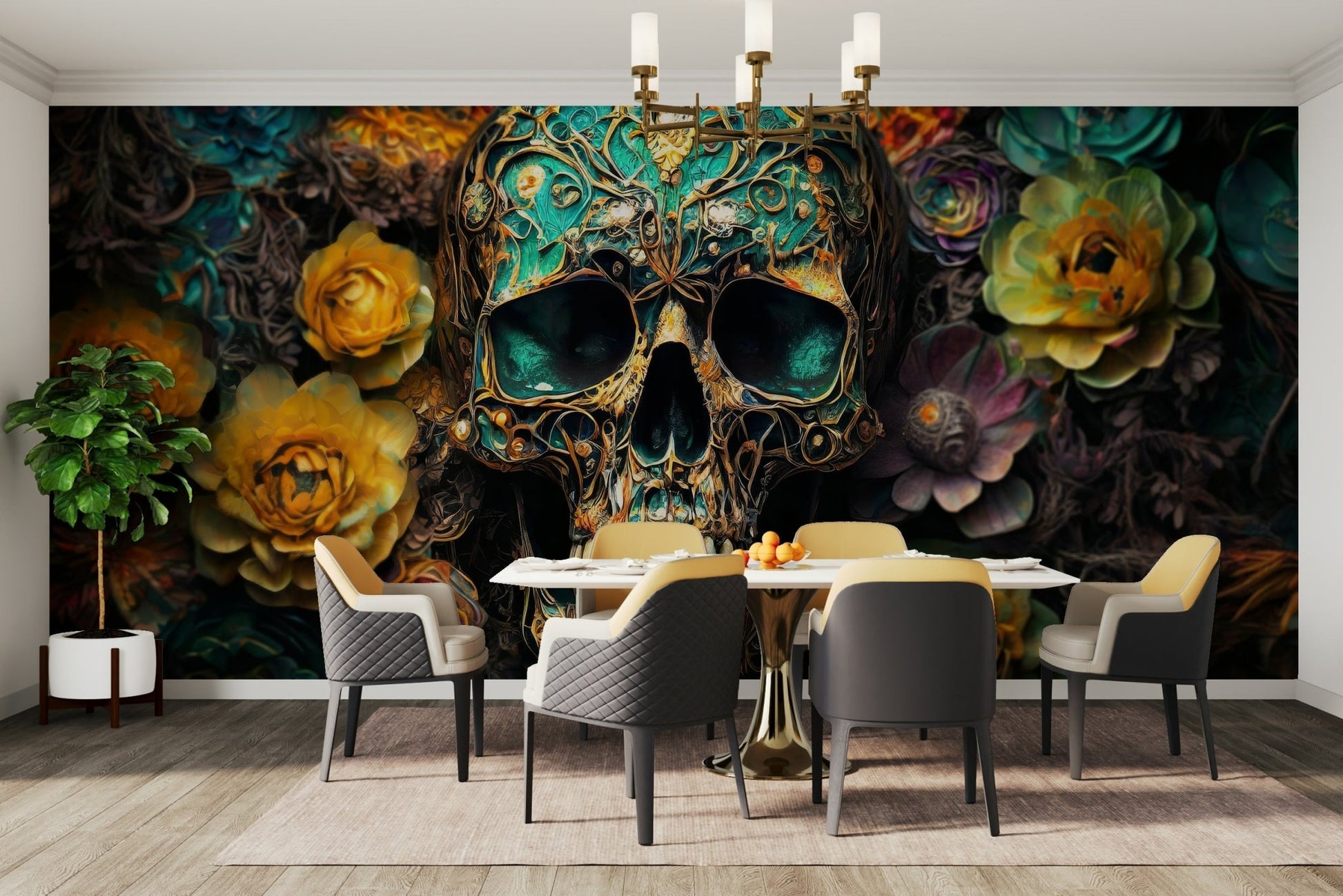 Memento Mori Blooms and Bone Wall Mural featuring bones and flowers

