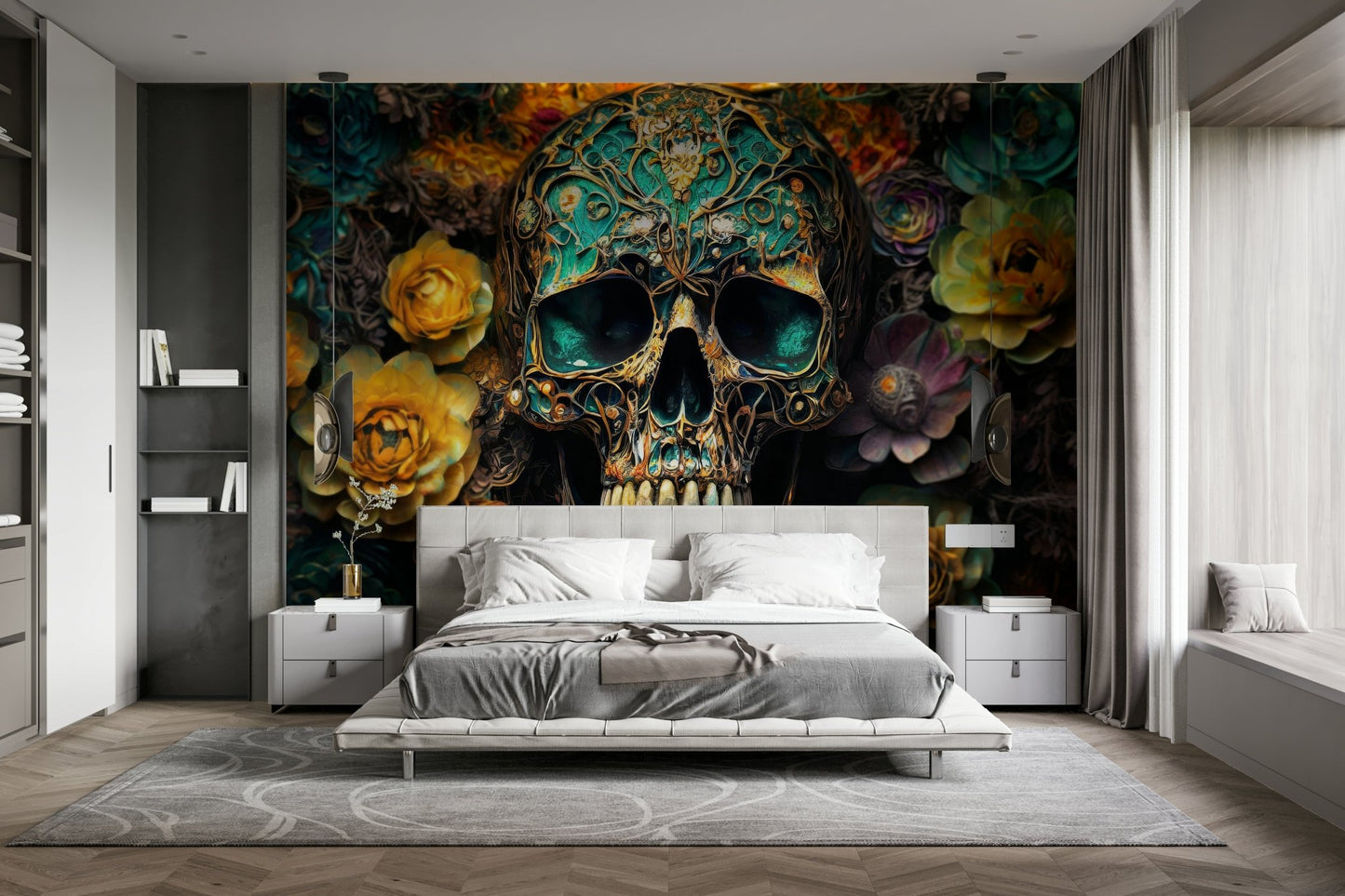 Combining gothic and floral elements for a striking wall design

