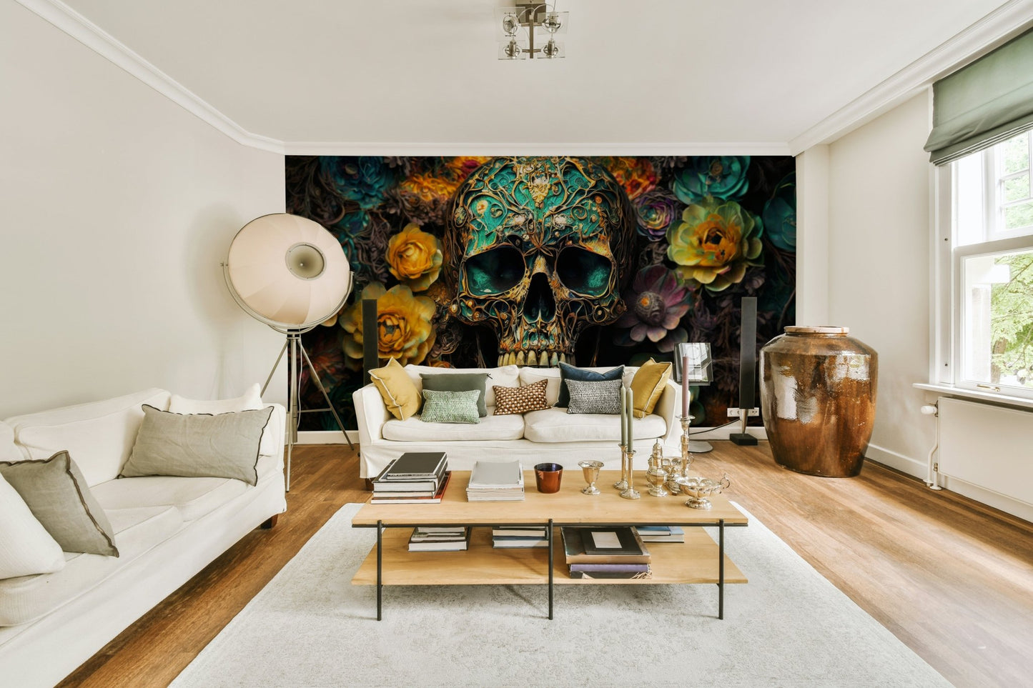 Intricate bone details intertwined with vibrant floral designs

