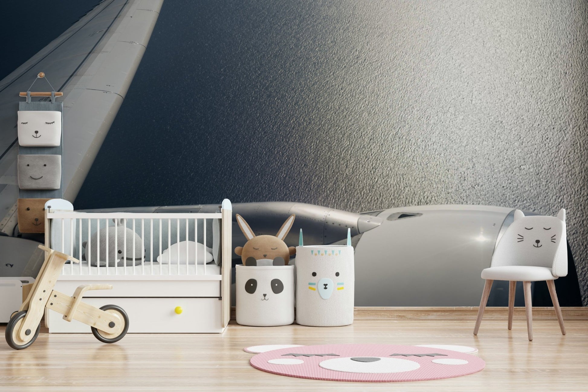 An artistic Greek isle mural on minimalist wallpaper.

