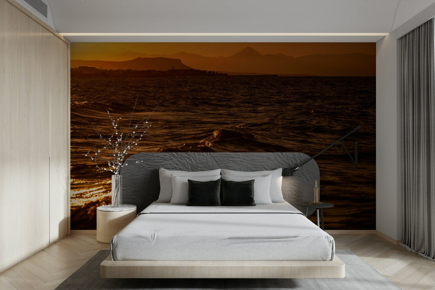 An artistic Greek island mural on minimalist wallpaper.

