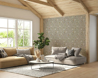 Memories in Petals wallpaper olive shade on bedroom wall

