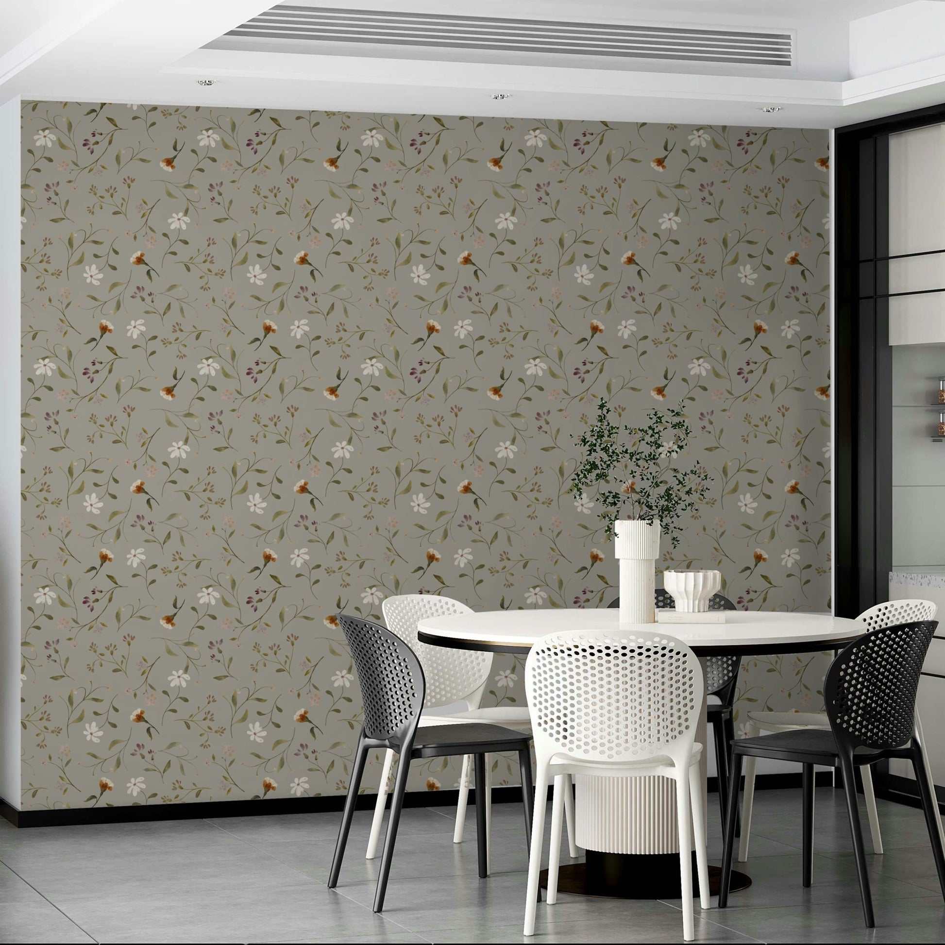 Olive green wallpaper with delicate petals design

