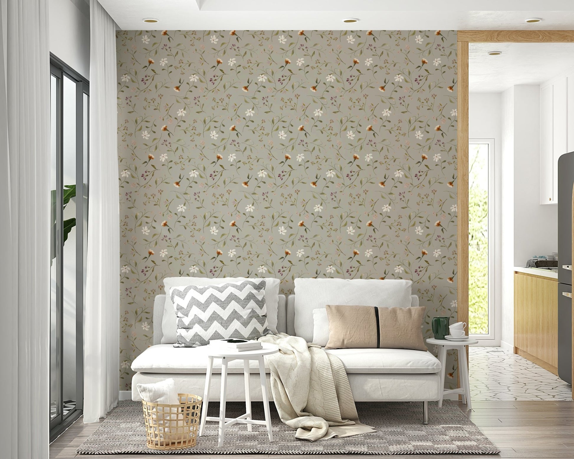 Textured olive wallpaper with gentle floral pattern

