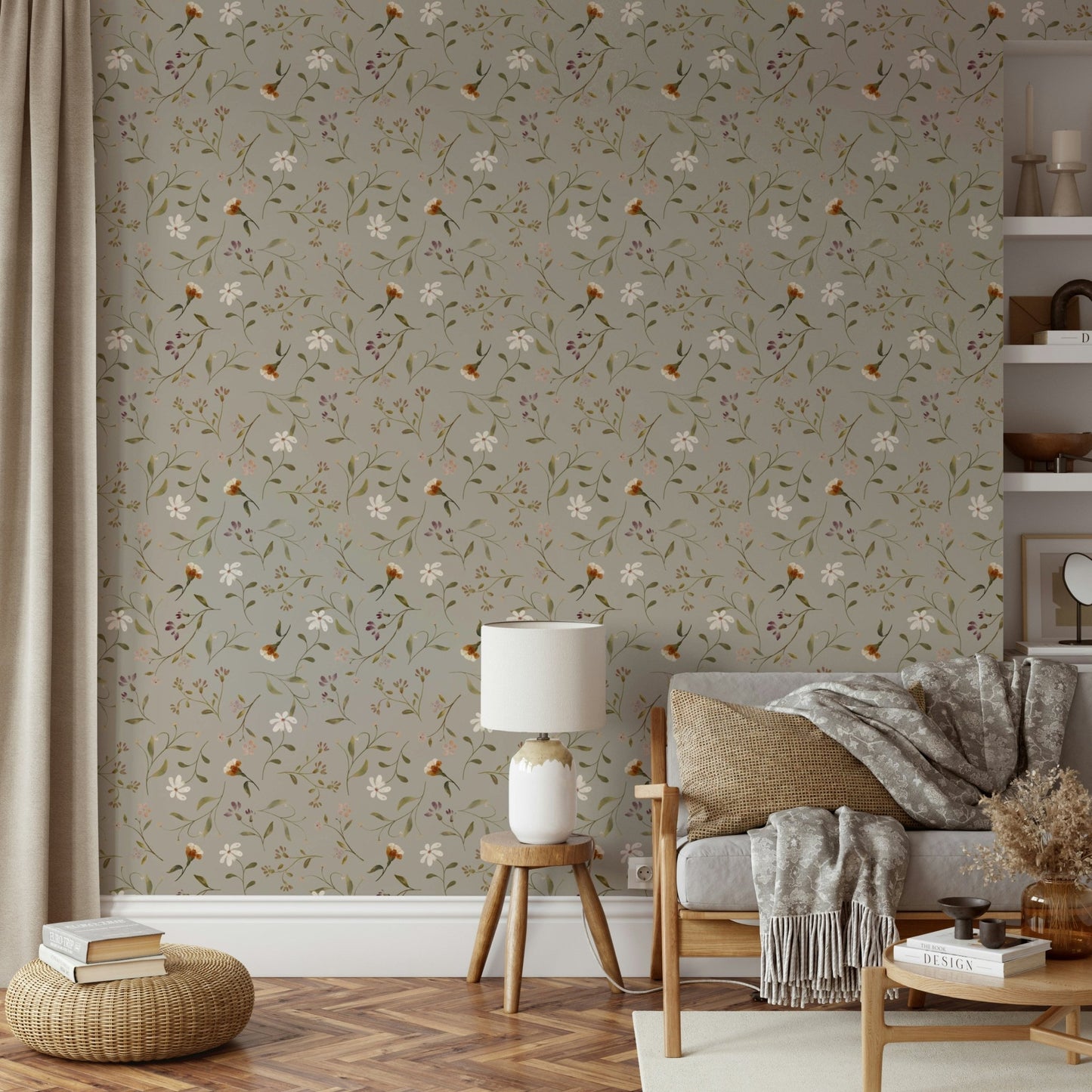 Memories in Petals wallpaper with green floral motifs

