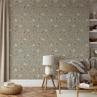 Memories in Petals wallpaper with green floral motifs

