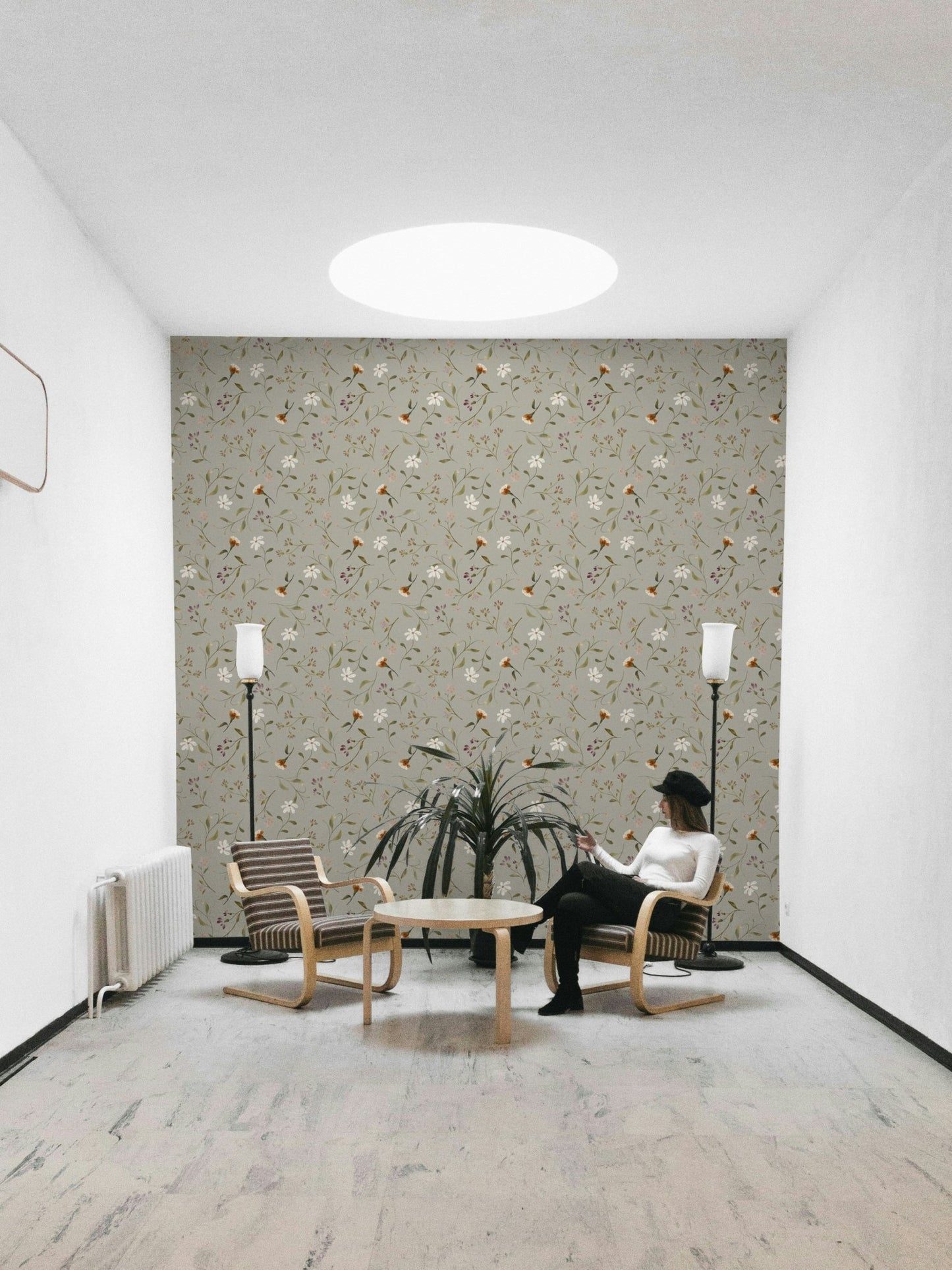 Memories in Petals olive floral wallpaper close-up

