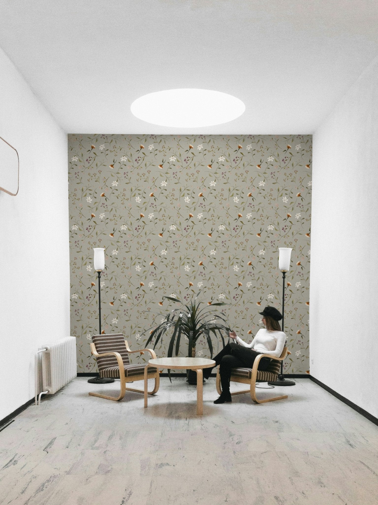 Memories in Petals olive floral wallpaper close-up

